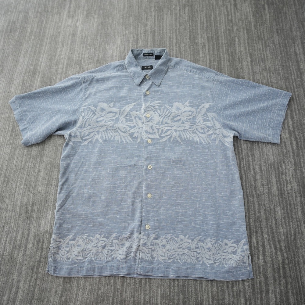 Izod‎ 100% Silk Shirt Men Button Up Short Sleeve Blue Floral Print Hawaii Medium